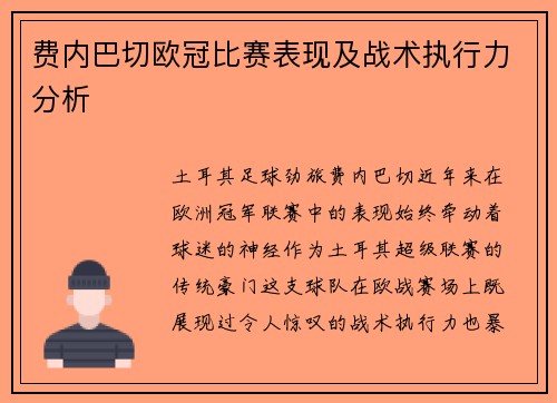 费内巴切欧冠比赛表现及战术执行力分析