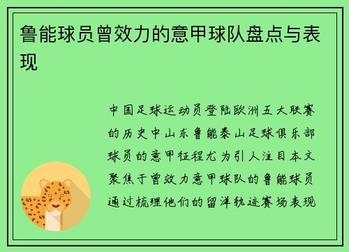 鲁能球员曾效力的意甲球队盘点与表现