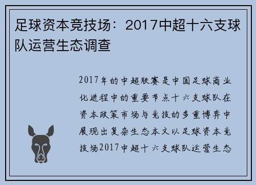 足球资本竞技场：2017中超十六支球队运营生态调查