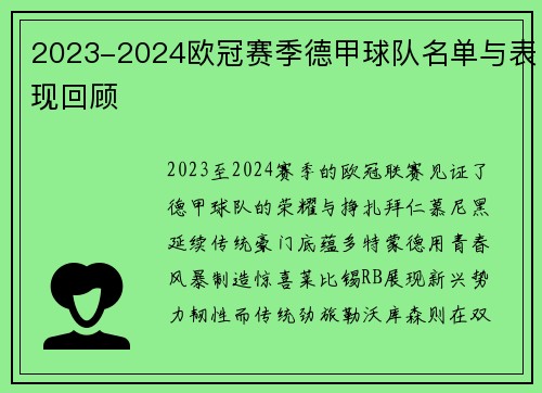 2023-2024欧冠赛季德甲球队名单与表现回顾