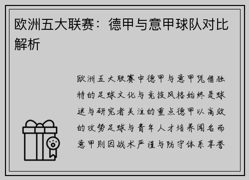 欧洲五大联赛：德甲与意甲球队对比解析